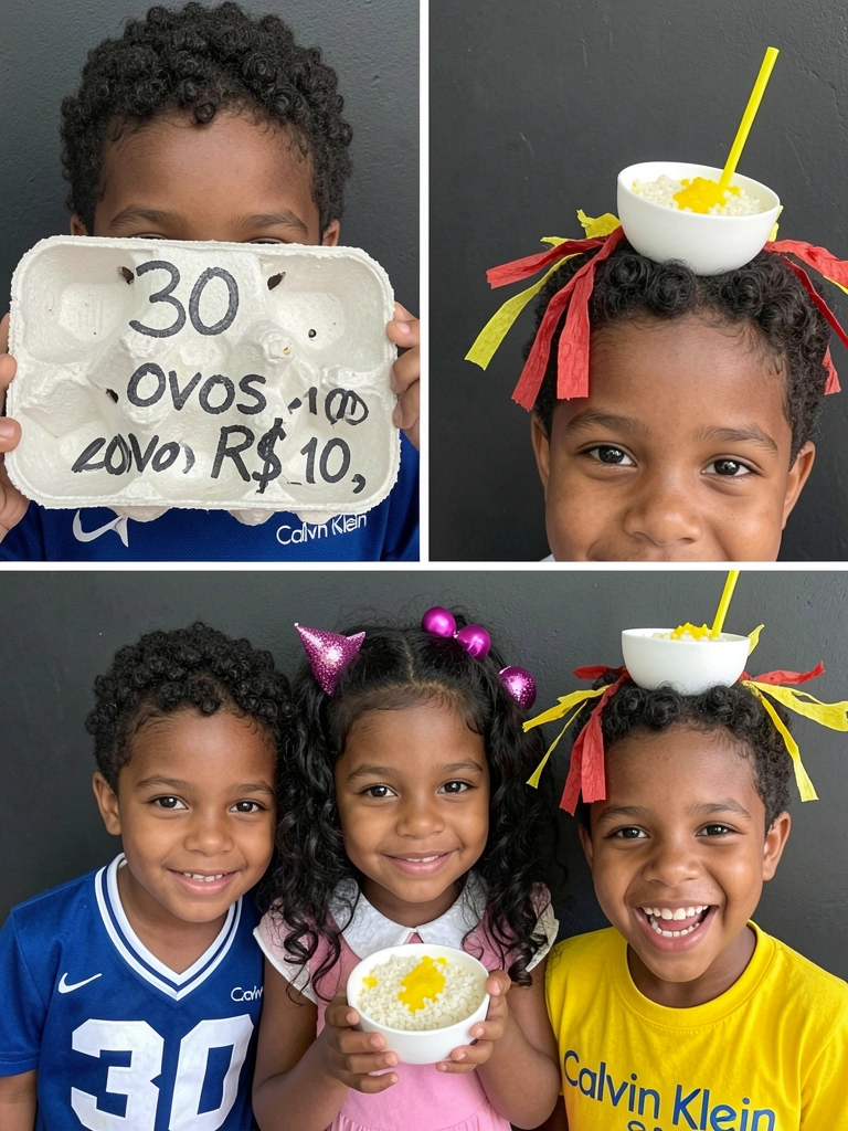 Cabelo curto masculino com tiras de papel crepom vermelho e amarelo saindo dos fios, fundo escuro.