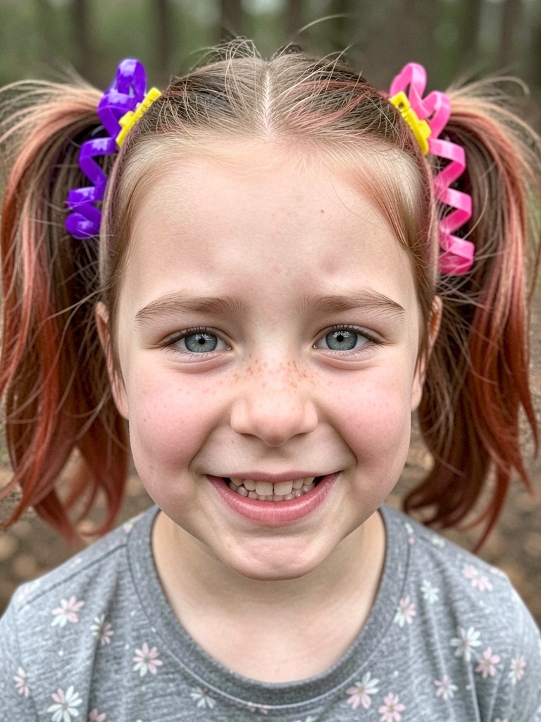 Menino sorridente com cabelo curto e mini chapéu de festa listrado preso por elástico.