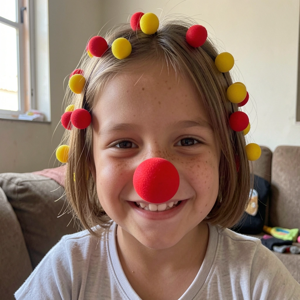 Cabelo curto com bolinhas de EVA vermelhas e amarelas coladas, nariz de palhaço.
