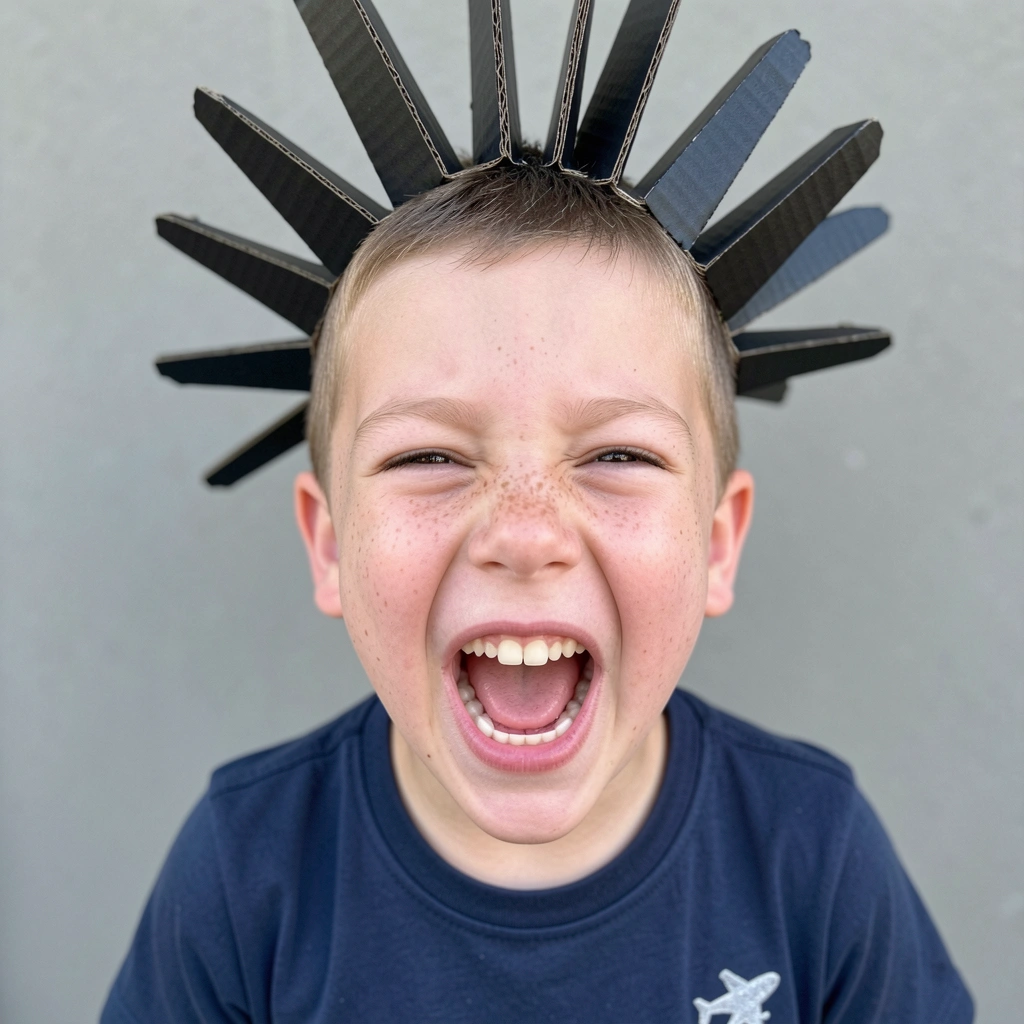 Menino com cabelo curto e espinhos de cartolina preta saindo da cabeça, rugindo.