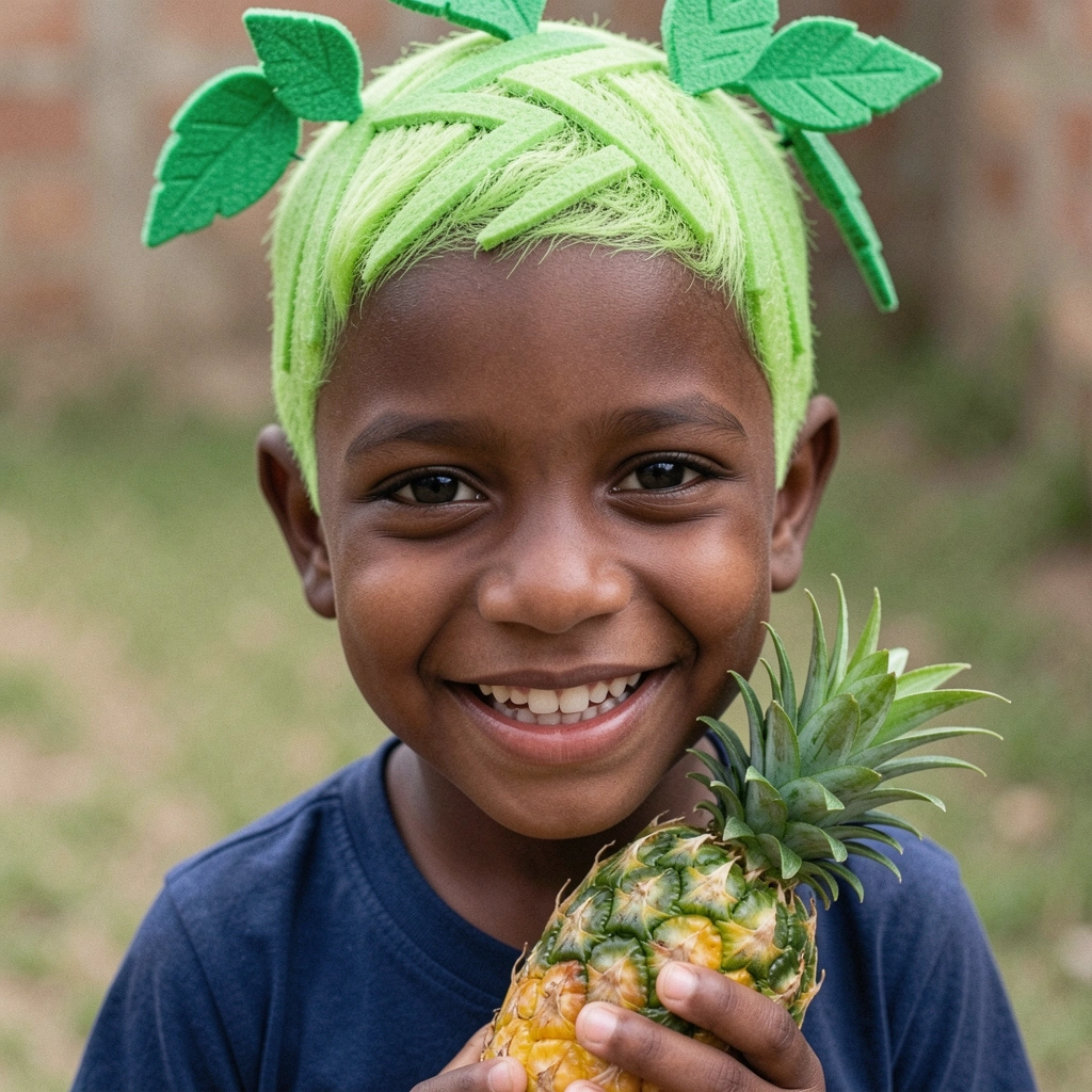 Menino com cabelo curto decorado com folhas de EVA verde segurando um abacaxi de brinquedo.