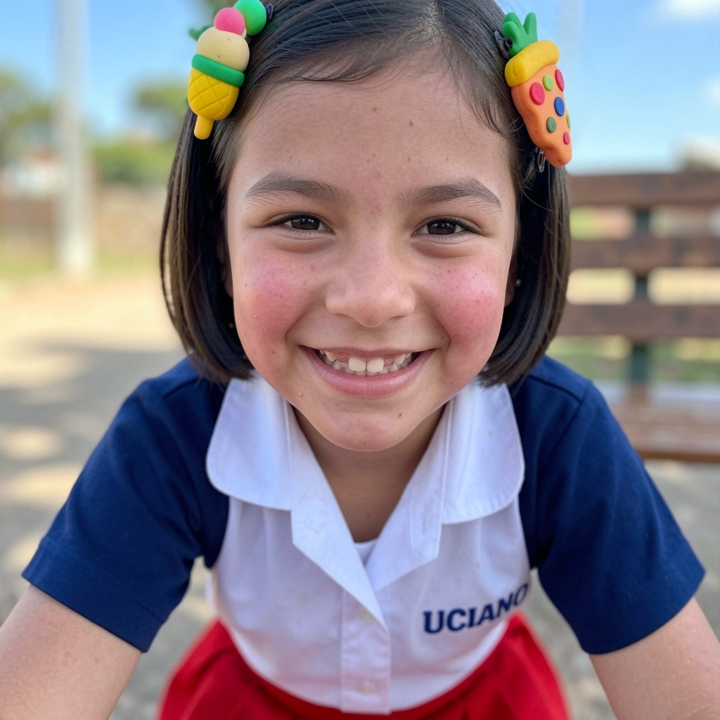 Cabelo curto decorado com enfeites de abacaxi de EVA, bolinha de sorvete e fatia de pizza.