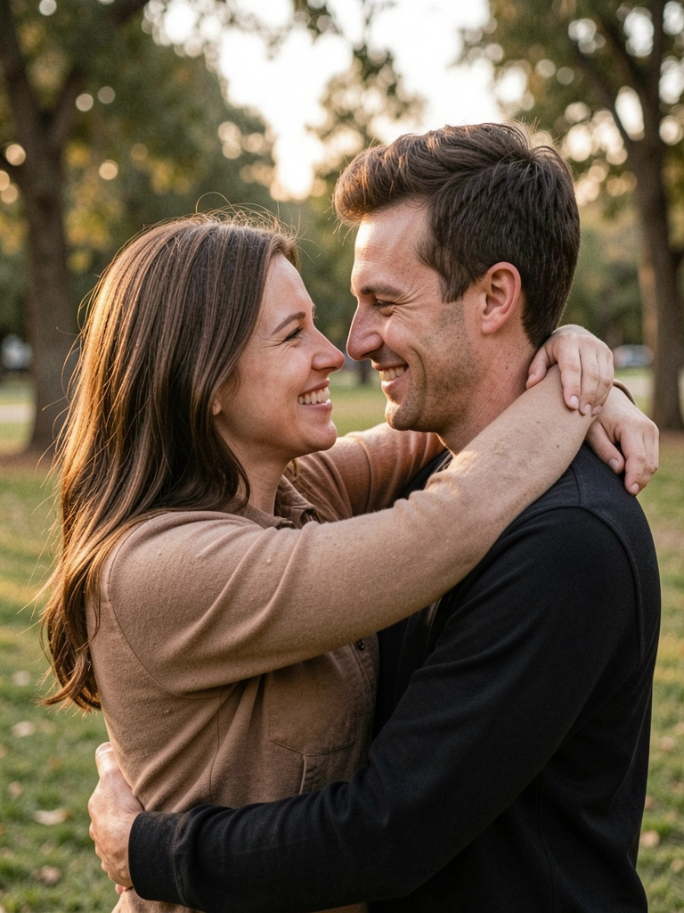 Casal abraçado em um parque, olhos nos olhos, sorrindo sob a luz do entardecer.