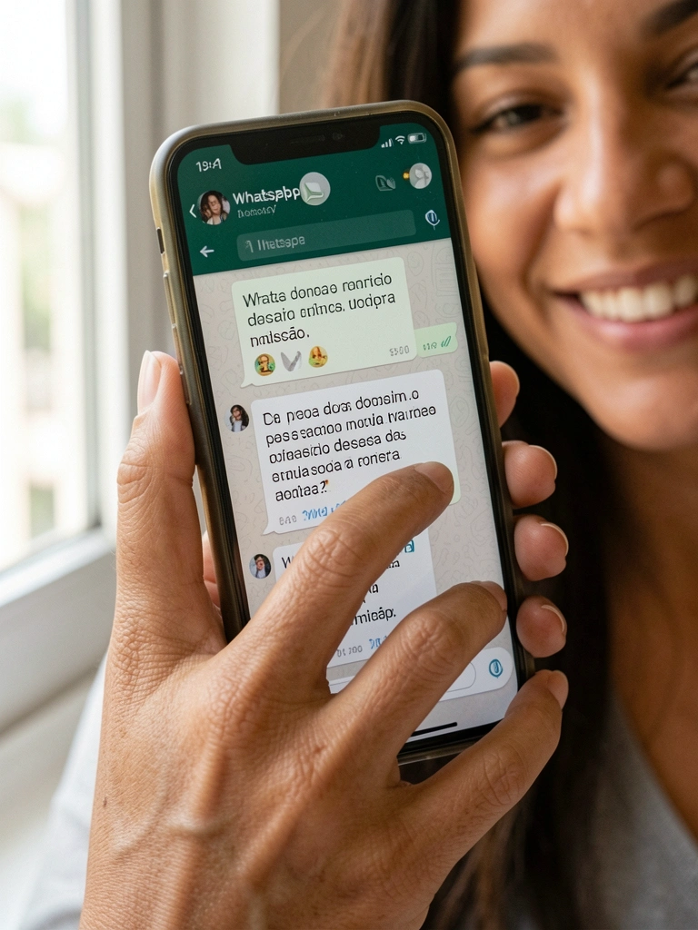 Mão feminina digitando mensagem de amor no WhatsApp em smartphone com tela iluminada.