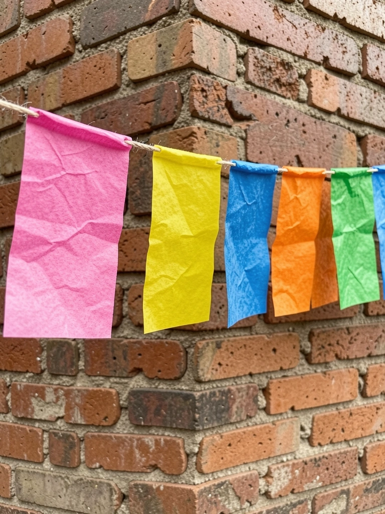 Bandeirinhas coloridas de papel seda penduradas em um varal, com parede de tijolos ao fundo.