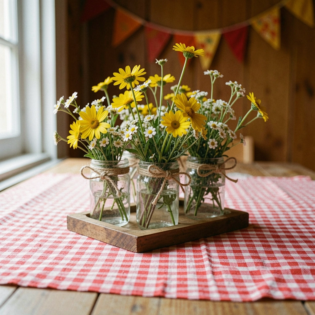 Mesa com toalha xadrez, potes de vidro decorados e flores do campo no centro.