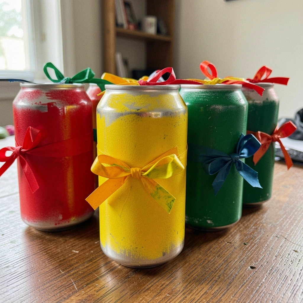 Latas de alumínio pintadas com tinta spray colorida e fitas, enfileiradas sobre uma superfície.