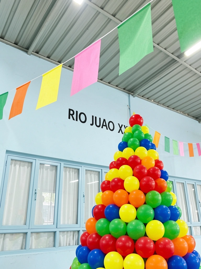 Bandeirinhas coloridas de papel seda penduradas em um varal, com parede de tijolos ao fundo.