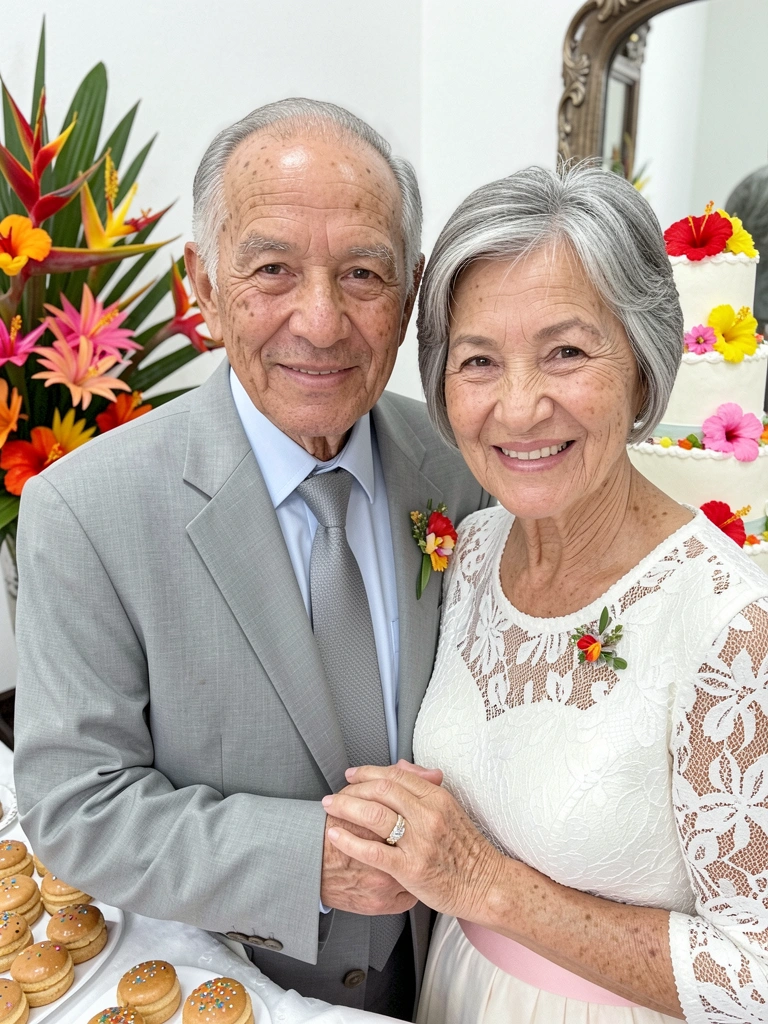 Mãos de um casal idoso dadas, com alianças brilhando contra um fundo neutro.