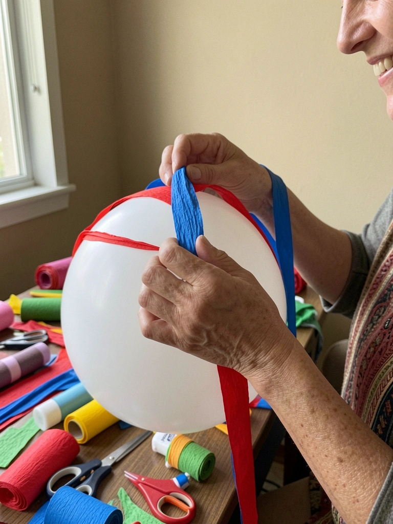 Mãos enrolando tiras de papel crepom colorido ao redor de um balão inflado sobre uma mesa com materiais.