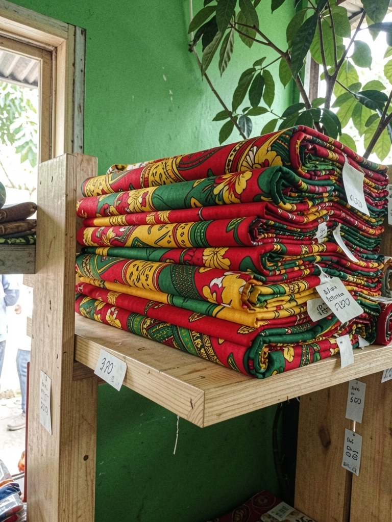 Prateleira de loja com rolos de tecido chita em várias cores e estampas, etiquetas de preço à vista.