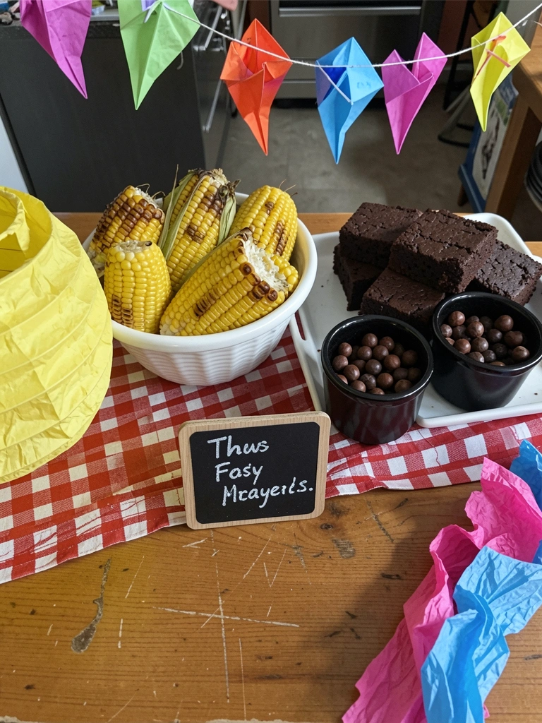 Mesa com toalha xadrez decorada com espigas de milho, laranjas e bananas.