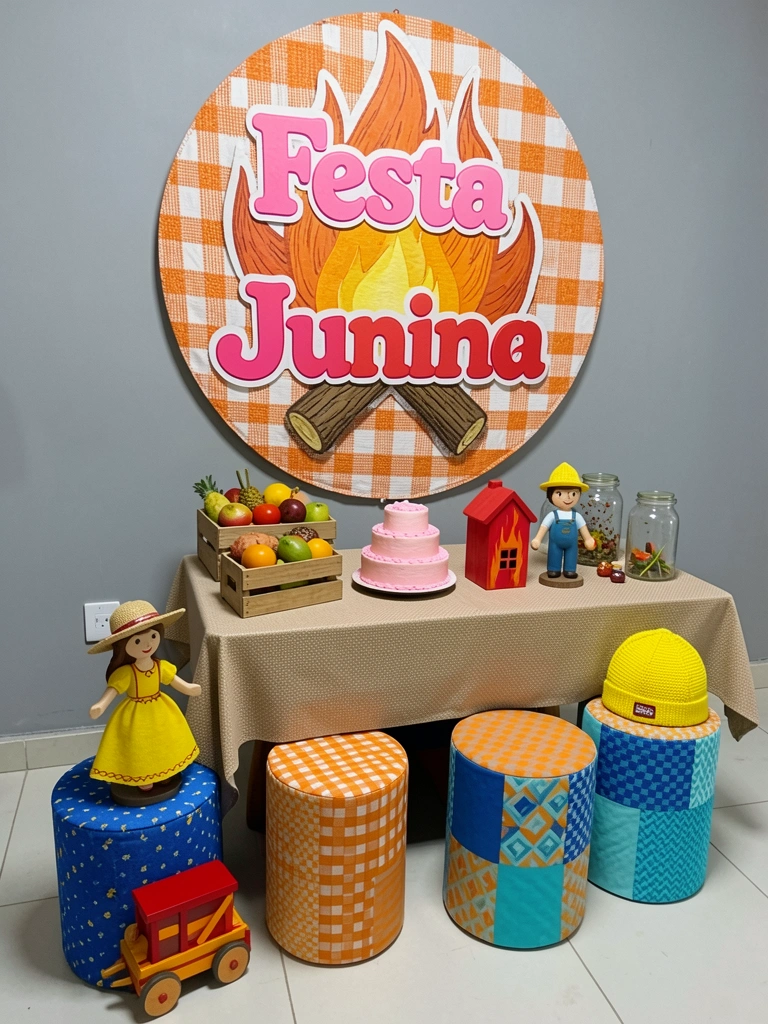 Caixote de madeira sobre mesa com frutas e potes de vidro decorados.
