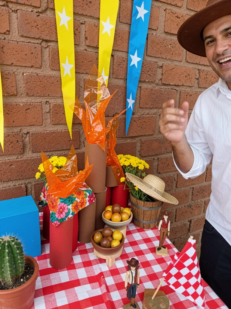 Rolos de papel toalha pintados de marrom e vermelho com celofane laranja simulando chamas.