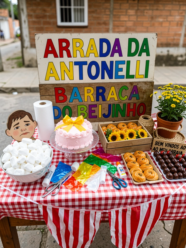 Rolos de papel higiênico, papel toalha, celofane colorido, cola e tesoura sobre uma mesa de madeira.