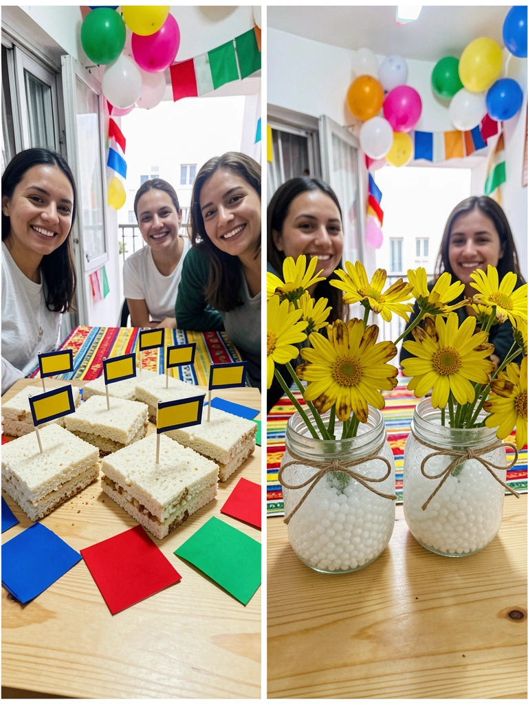 Sala de apartamento pequena com bandeirinhas coloridas e balões pendurados, varanda ao fundo com luz natural.