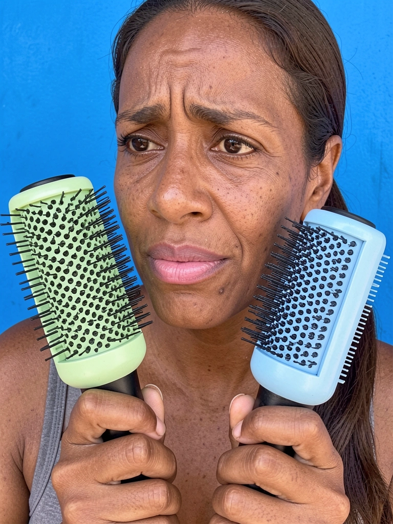 Mulher segura duas escovas secadoras, uma em cada mão, com expressão pensativa.