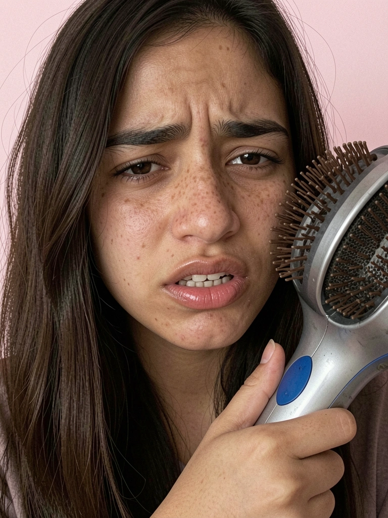 Mulher segurando escova secadora com o braço caído e expressão cansada.