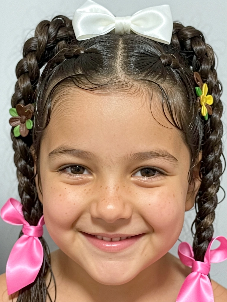Criança sorrindo com trança bolha decorada com elásticos coloridos e fita vermelha.