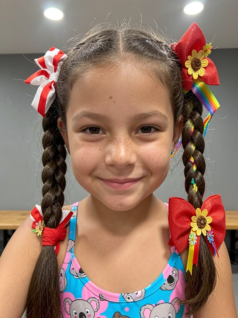 Menina com marias-chiquinhas presas por laços de chita vermelha e branca, fundo neutro.