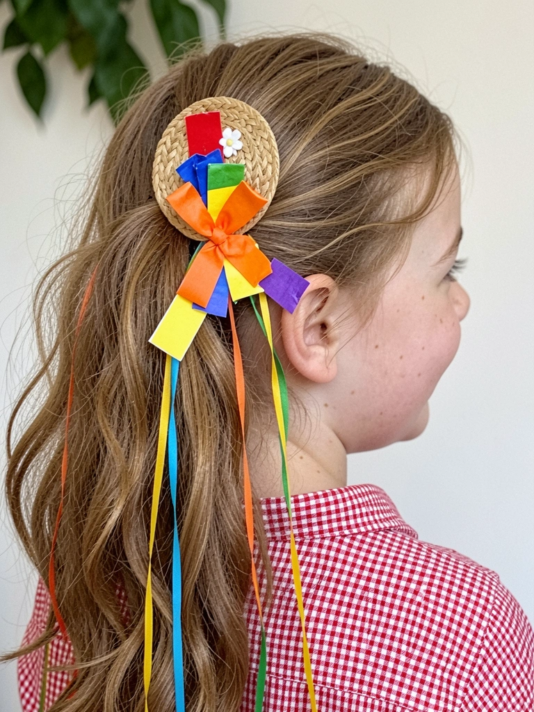 Criança de cabelo curto sorrindo com tiara de fitas de cetim coloridas, ao fundo bandeirinhas de festa junina.