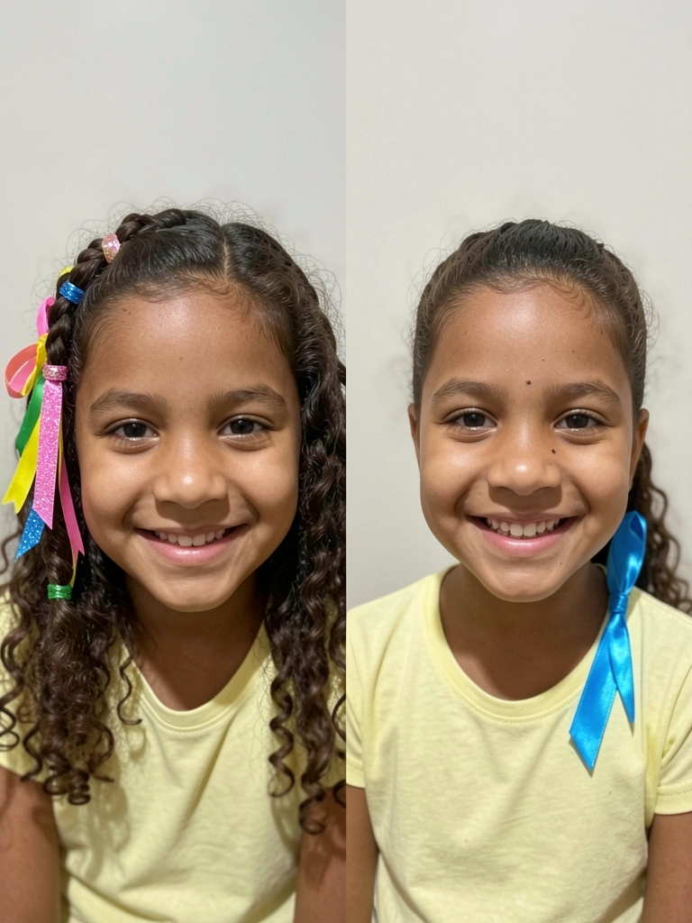 Criança com rabo de cavalo baixo e fitas de cetim amarradas no elástico, sorrindo.