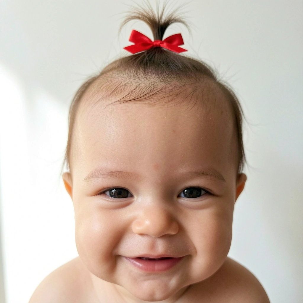 Bebê com cabelo fino preso em coque miniatura no topo da cabeça com lacinho de fita vermelha, fundo claro.