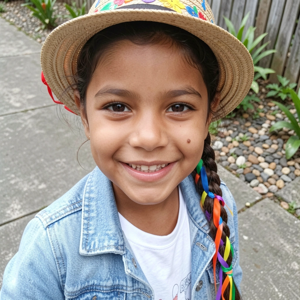 Criança com chapéu de palha decorado e trança simples saindo por baixo, sorrindo.