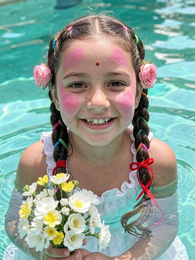 Criança sorrindo com trança bolha, elásticos coloridos e fita vermelha entremeada.