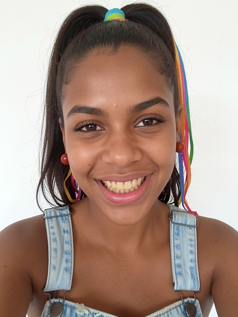 Cabelo preso em rabo de cavalo alto dividido em gomos com elásticos coloridos e fitas saindo do último elástico.