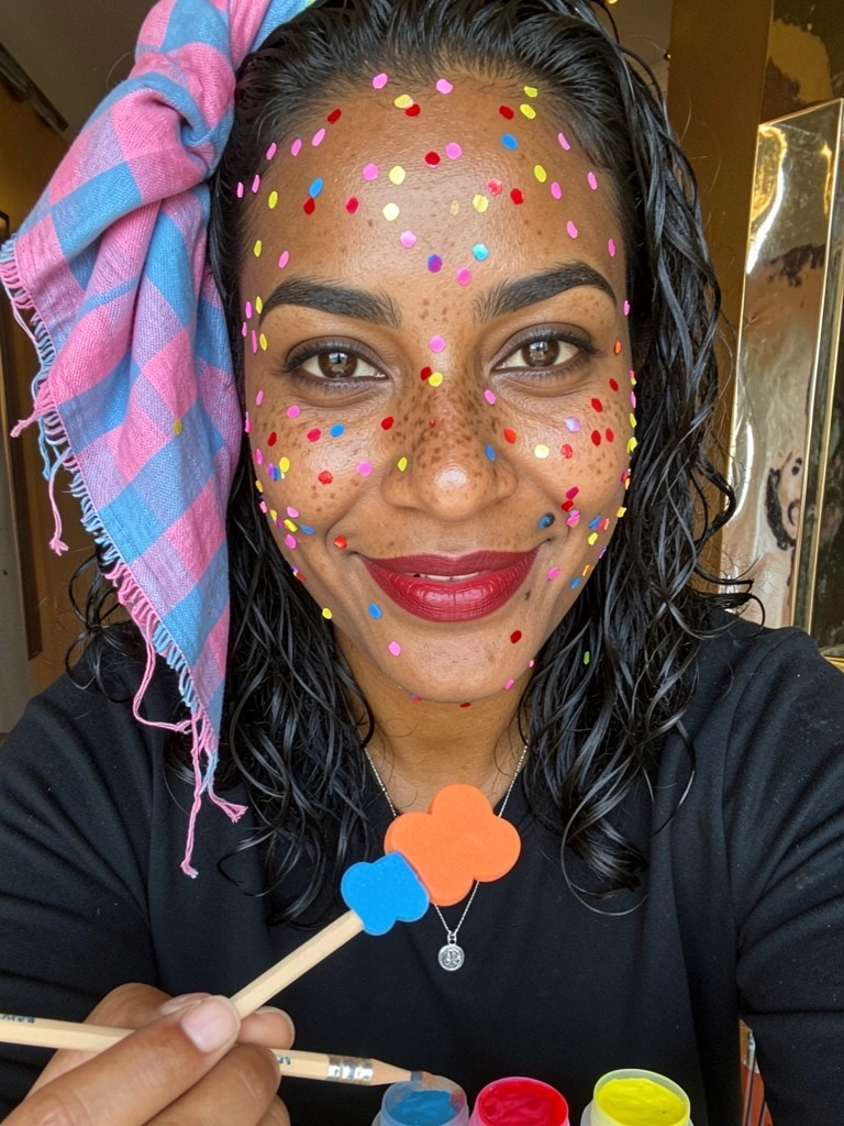 Mão segura lápis com molde de EVA em formato de bandeirinha, ao lado de potes de tinta facial colorida.