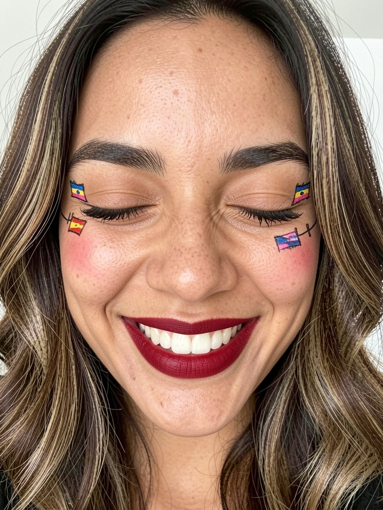 Bochecha com bandeirinhas desenhadas e linha preta simulando varal, blush marcado ao fundo.