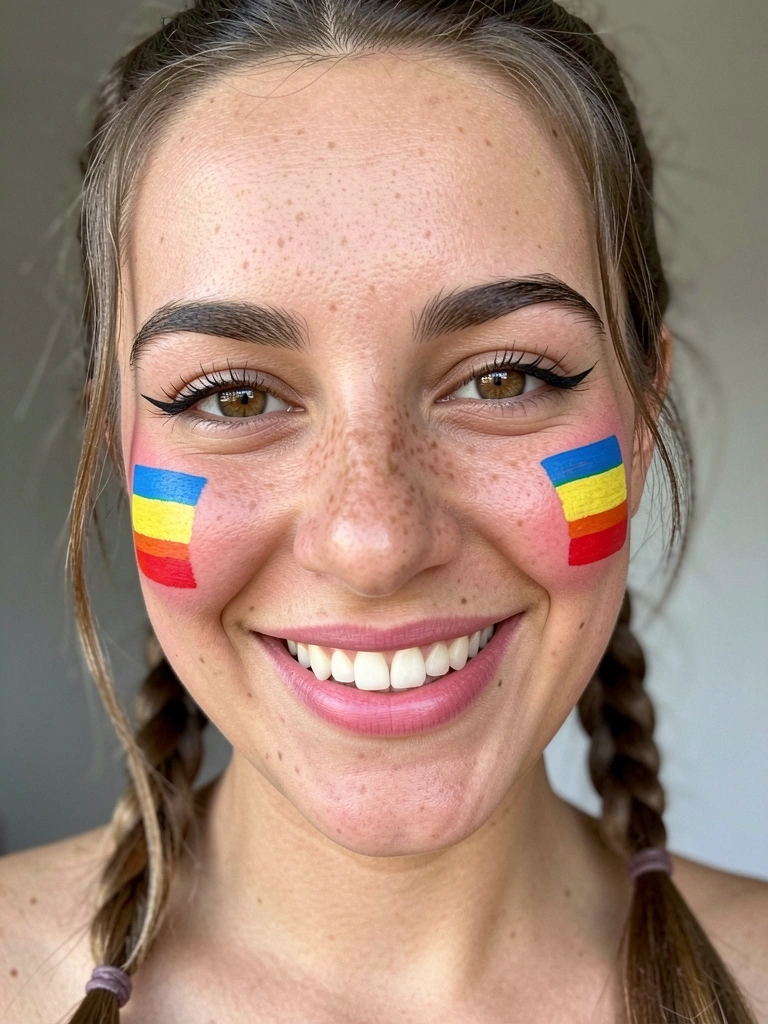 Rosto com blush rosado nas maçãs, pintinhas no nariz e bandeirinhas na bochecha.