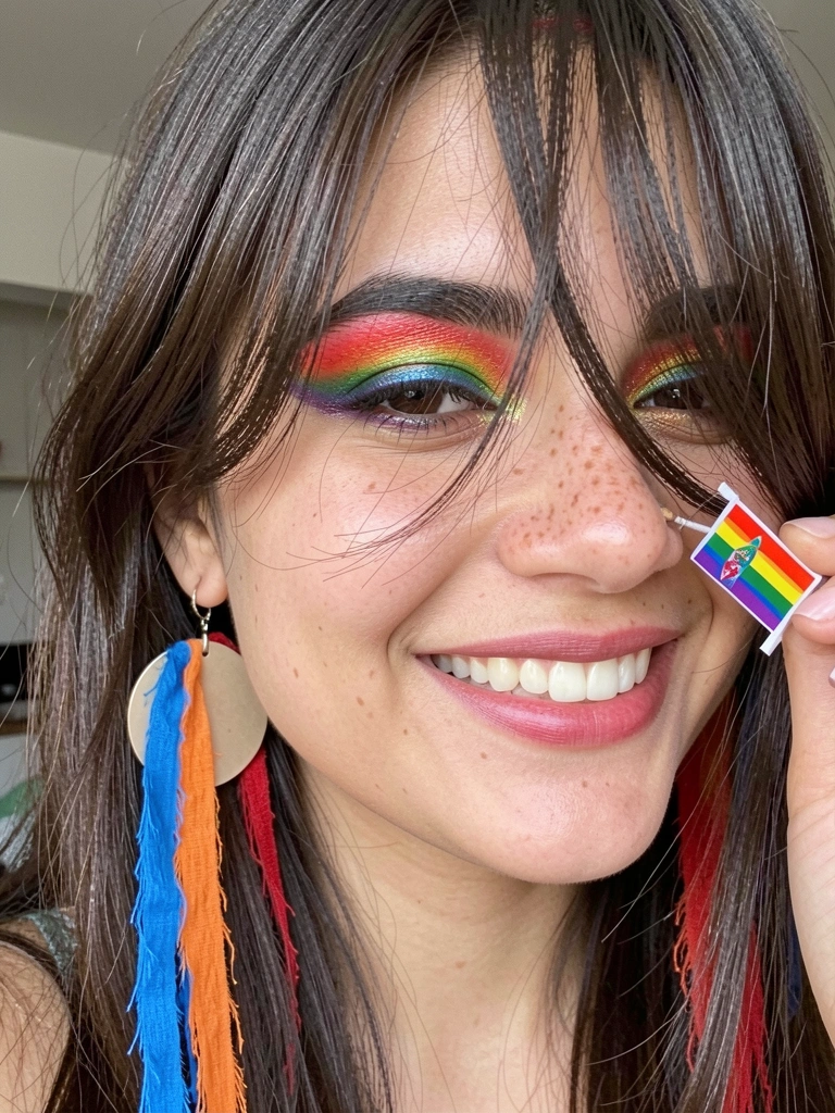 Adesivo facial em formato de bandeirinha sendo colado na bochecha de uma pessoa sorrindo.