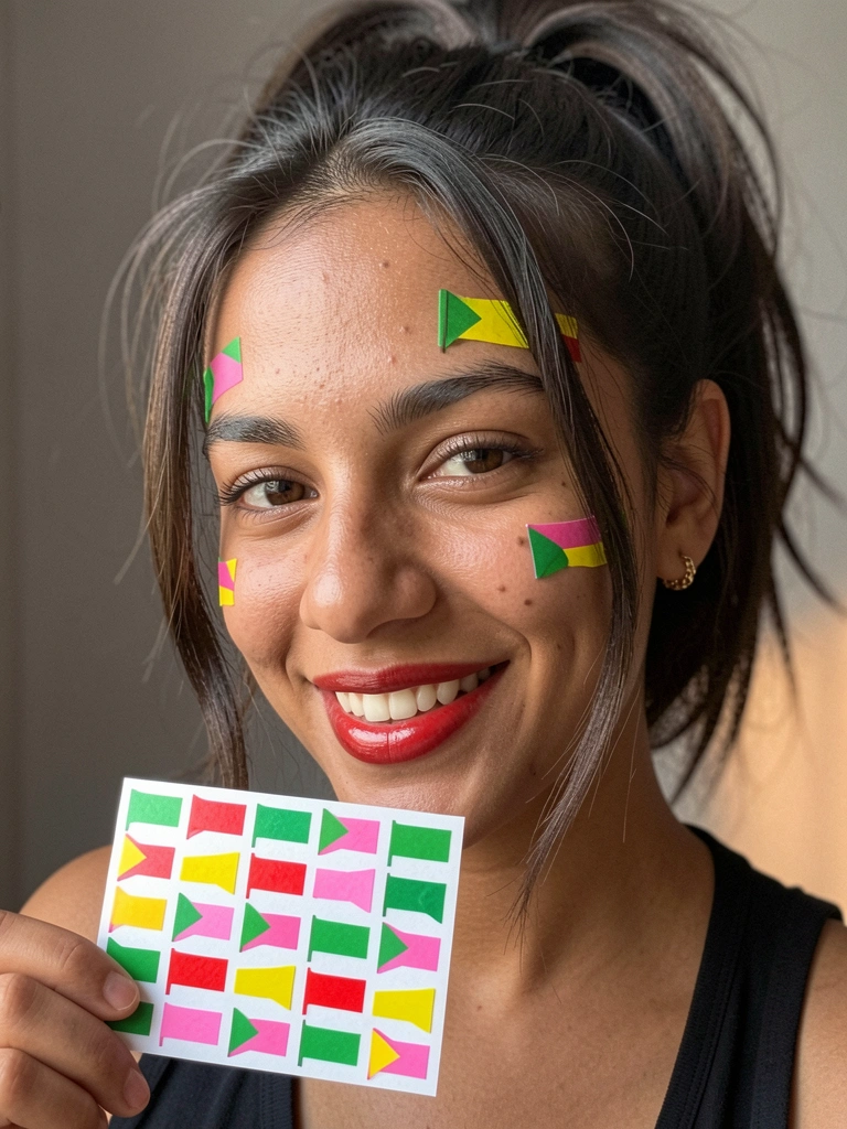 Mão segurando cartela de adesivos faciais coloridos no formato de bandeirinhas de festa junina.