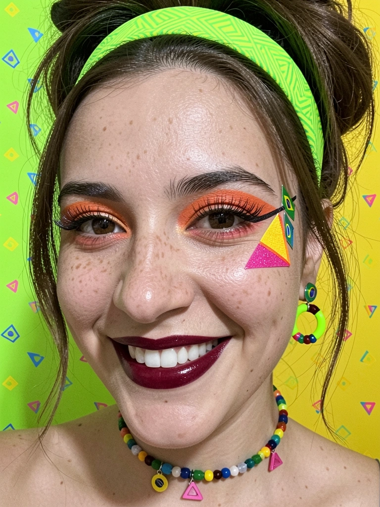 Bandeirinhas coloridas com glitter aplicado sobre delineado, luz refletindo no brilho.