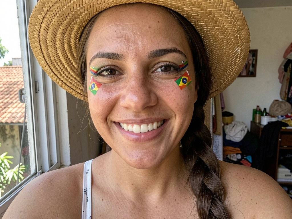 Mulher com trança lateral, chapéu de palha e bandeirinhas coloridas desenhadas nos olhos.