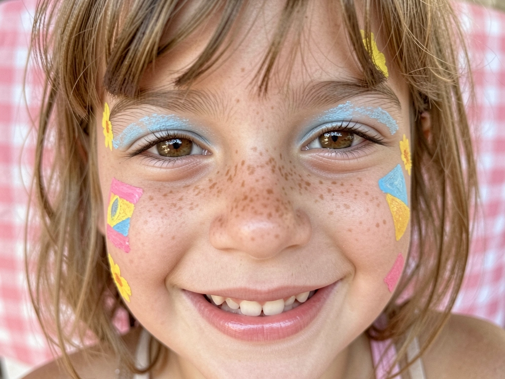 Rosto com maquiagem leve e pequenas bandeirinhas coloridas coladas nas têmporas, iluminação natural.