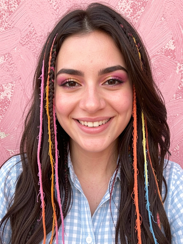 Mosaico de fotos de maquiagens juninas coloridas com bandeirinhas decorativas ao fundo.