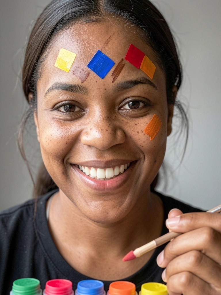 Mão segurando lápis com molde de EVA em formato de bandeirinha, ao lado de potes de tinta facial colorida.