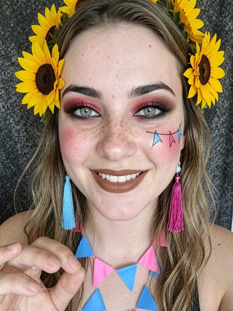 Bochecha com bandeirinhas desenhadas e linha preta simulando varal, com blush marcado ao fundo.