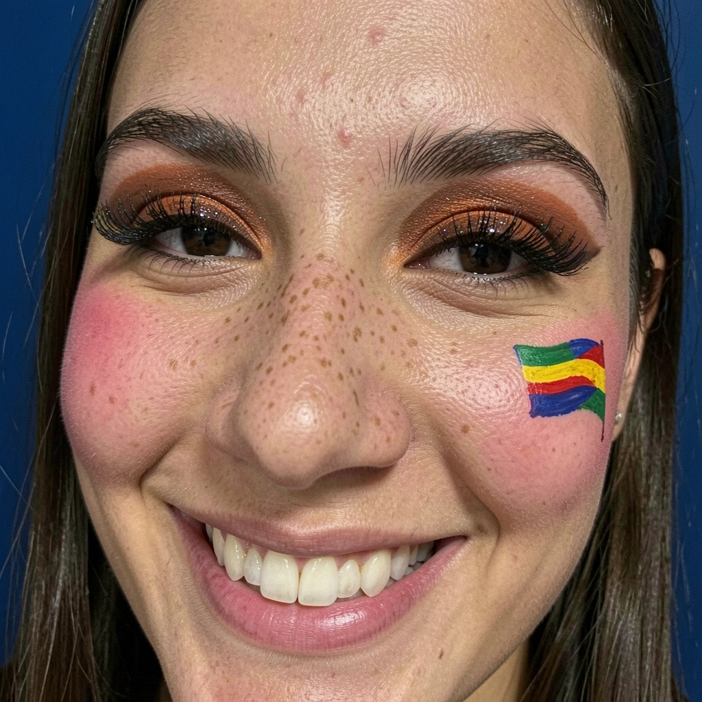 Rosto com blush rosado nas maçãs, pintinhas no nariz e bandeirinhas coladas na bochecha.
