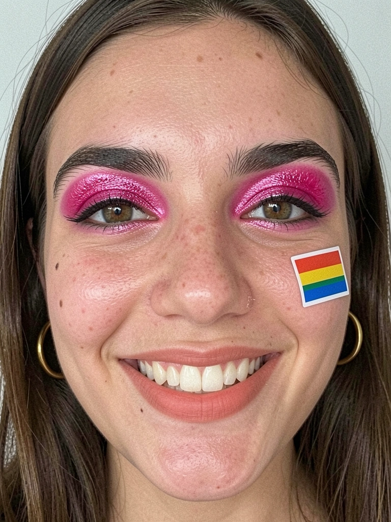 Adesivo facial em formato de bandeirinha sendo colado na bochecha de uma pessoa sorrindo.
