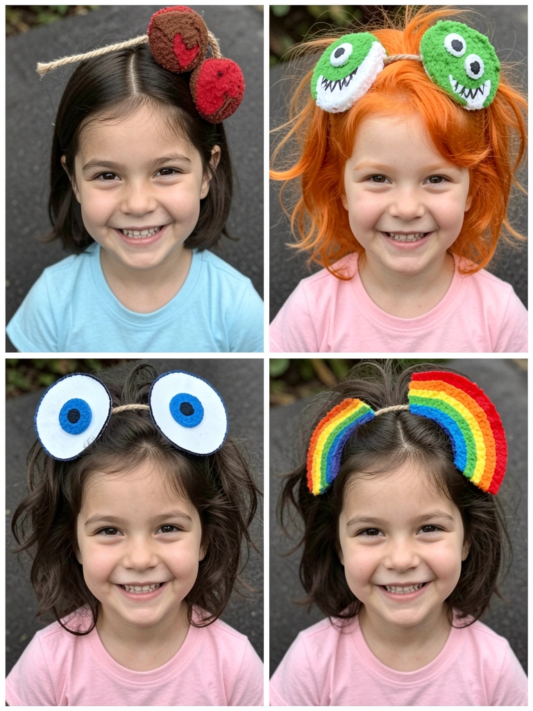 Menino com cabelo pintado de azul e vermelho, capa de super-herói ao fundo.