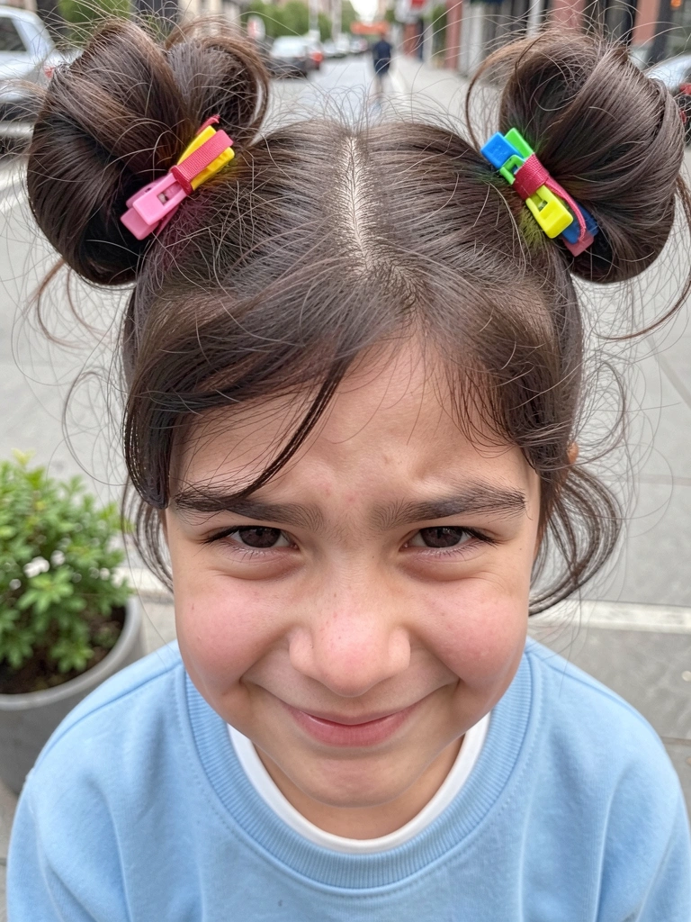 Cabelo curto de menino com teias desenhadas em gel, fundo de cidade ao entardecer.