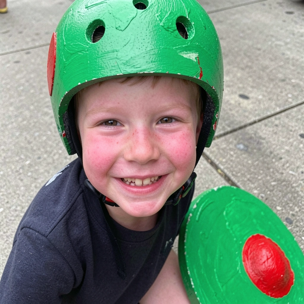 Menino segurando escudo, usando capacete de EVA pintado em formato de capacete medieval.