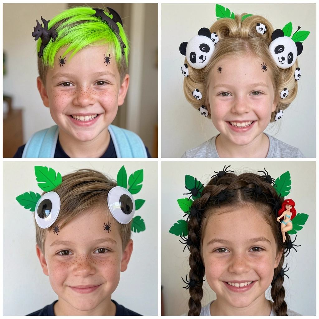 Cabelo com folhas verdes de EVA e galhos de papel craft em estilo maluco.