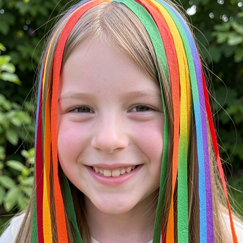 Cabelo de menino com tiras de papel crepom coloridas nas cores do arco-íris.