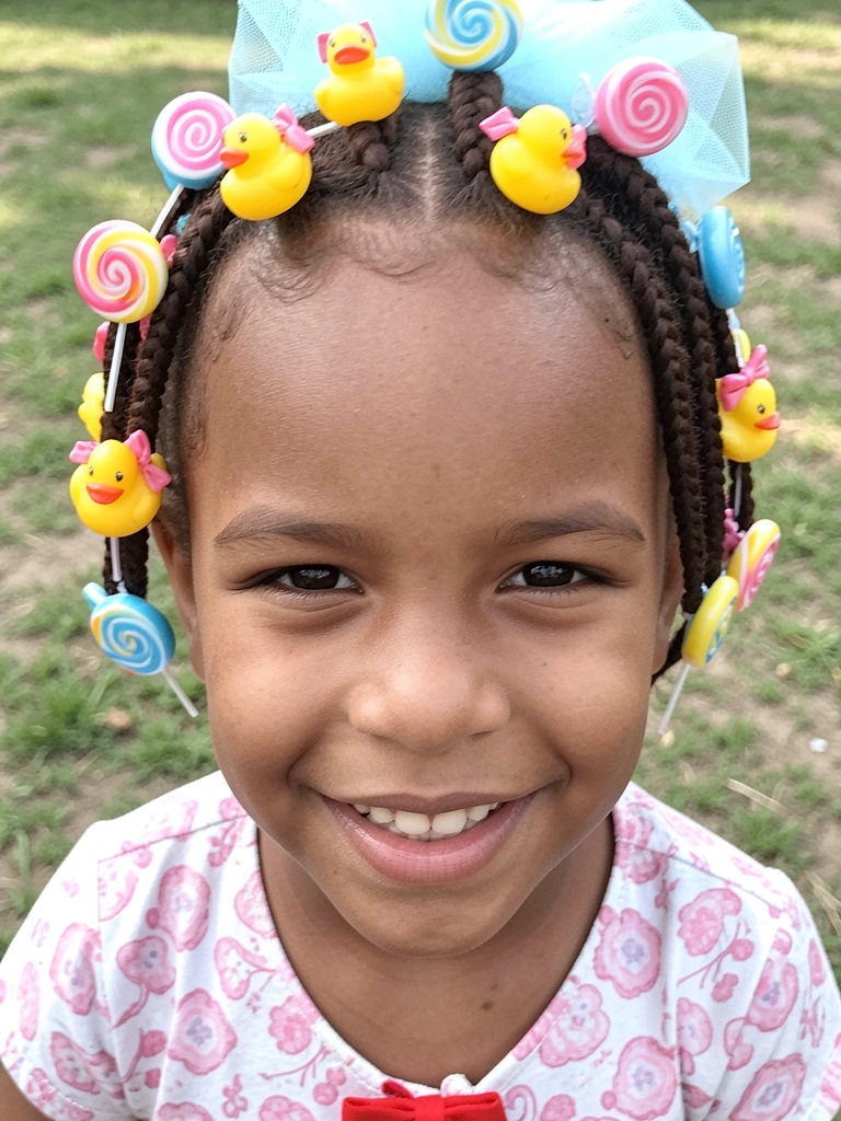 Cabelo de menino com pokébola de EVA presa, grama ao fundo.