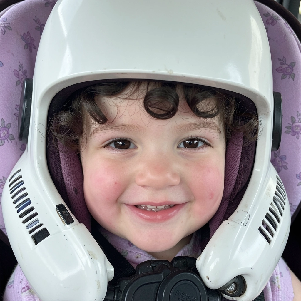 Criança com cabelo volumoso sob capacete branco de stormtrooper.